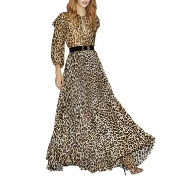 

Women Runway Maxi Dress 2019 High Quality Tie Bow O-Neck Leapard Printed Belt Elegant Woman Long Dresses Casual Dress NP0217A