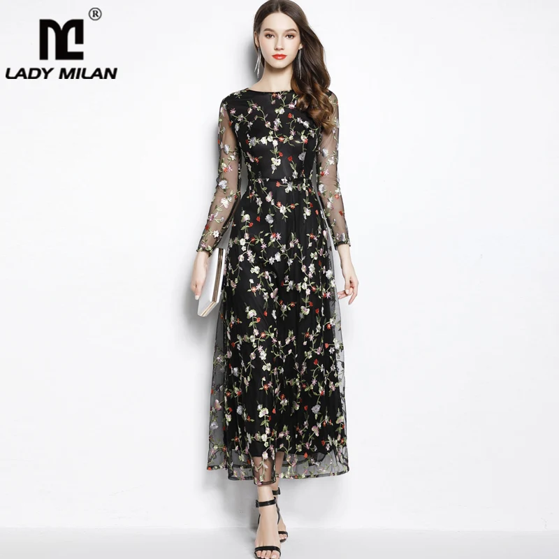 

Lady Milan 2019 Women's Runway Designer Dresses O Neck Wrist Sleeves Embroidery Floral Casual Mid Calf Dresses