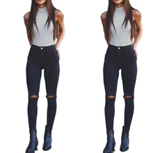 Новые модные сексуальные женские потертые рваные состаренные с высокой талией Эластичные Обтягивающие джинсовые брюки джинсы однотонные брюки