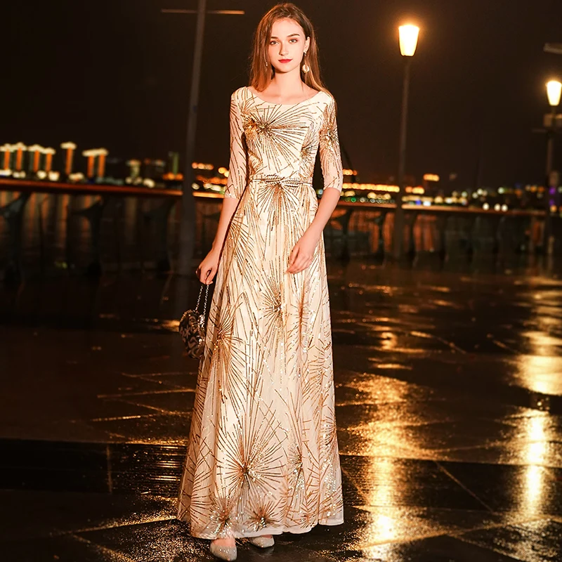 

Robe De Soiree 2019 N The Elegant O-neck A-line Half Sleeve Evening Gown Gold Sequin Vintage Evening Dresses LYFY52