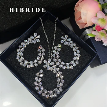 

HIBRIDE Luxury Clear Cubic Zircon Women Jewelry Sets Bridal Wedding Necklace Pendant Earring Set parure bijoux femme N-297