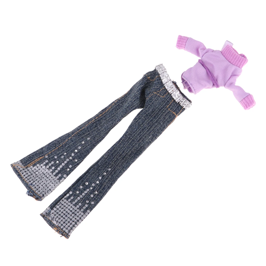 2pcs Doll Clothes Suit Purple Top & Denim Trouser For 1/6 Monster High Doll Accessories Doll Clothes Sets