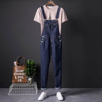 

2019 Japanese fashion men's casual susperden pants Korean version of slim trousers men's hip hop overalls jeans plus size