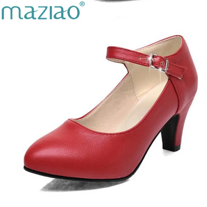 

MAZIAO Women Shoes Pumps Spring Pointed Toe Mary Jane Shoes Office High Heels Plain Comfort Ladies Shoes Red Brown Size 34-43