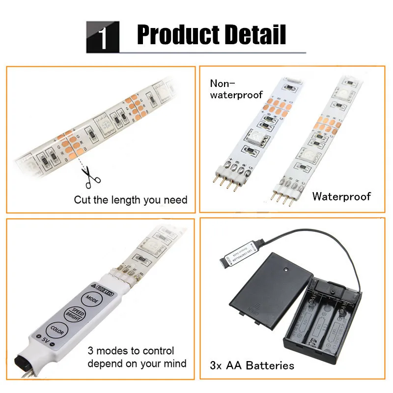30/50/100/150/200CM Battery Powered 5050 RGB LED Flexible Strip Light + Remote Party Home Decor DC5V