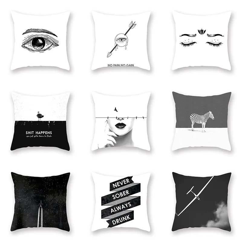 

Black and White Cushion Cover Creative Letters Eye Zebra Pineapple Pattern Pillowcase Home Decor Modern Accessories for Sofa Car