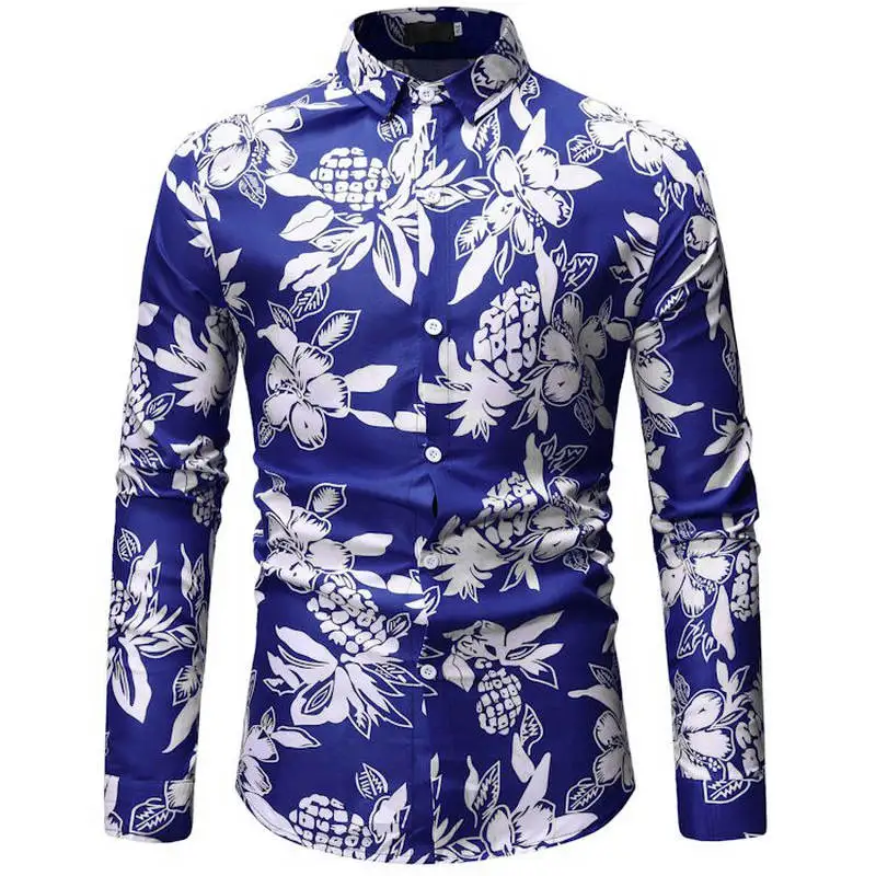 Новинка, весенне-летние мужские рубашки с цветочным принтом, приталенные мужские рубашки с этническими цветами и длинным рукавом, повседневные Модные мужские топы - Цвет: ML23 blue