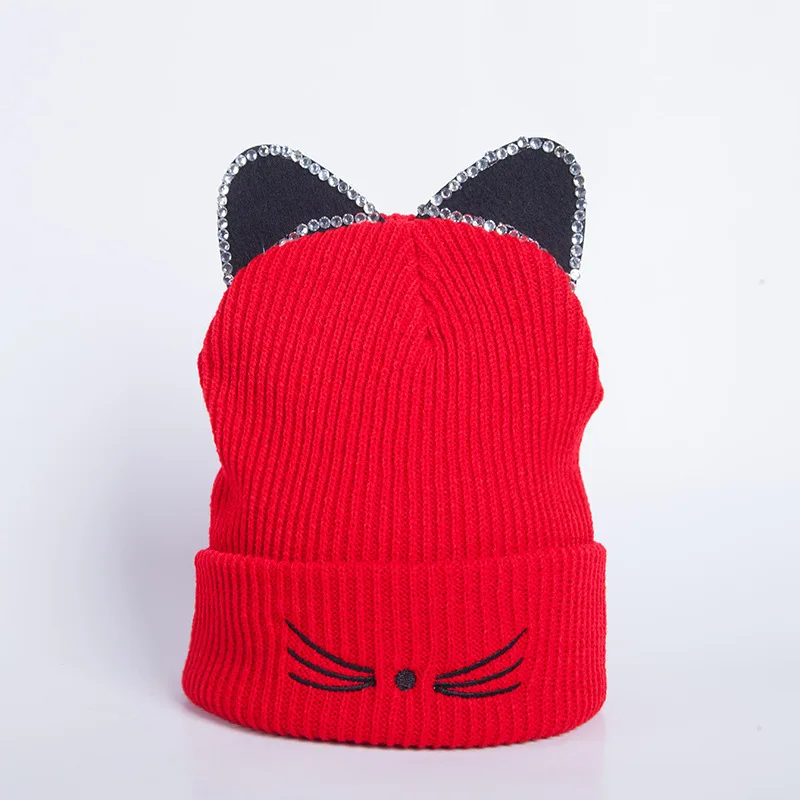 

2018 New hat Hot Sale Cat Ears Women Hat Knitted Acrylic Warm Winter Beanie Caps Crochet rhinestone