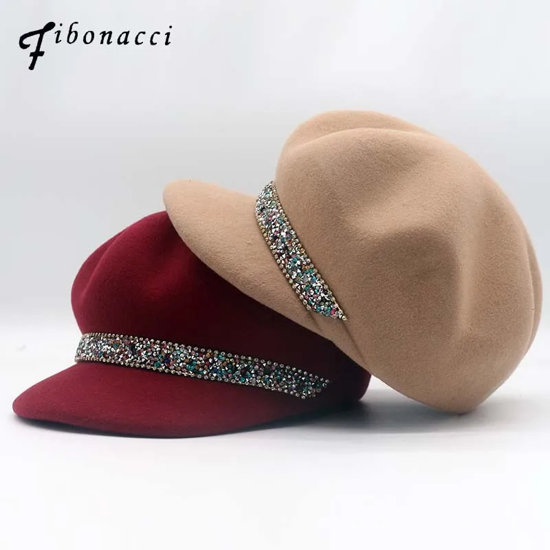 

Fibonacci 2018 New Wool Felt Equestrian Hats For Women Fashion Multicolor Rhinestone Octagonal Cap Concave Convex Knight Fedoras