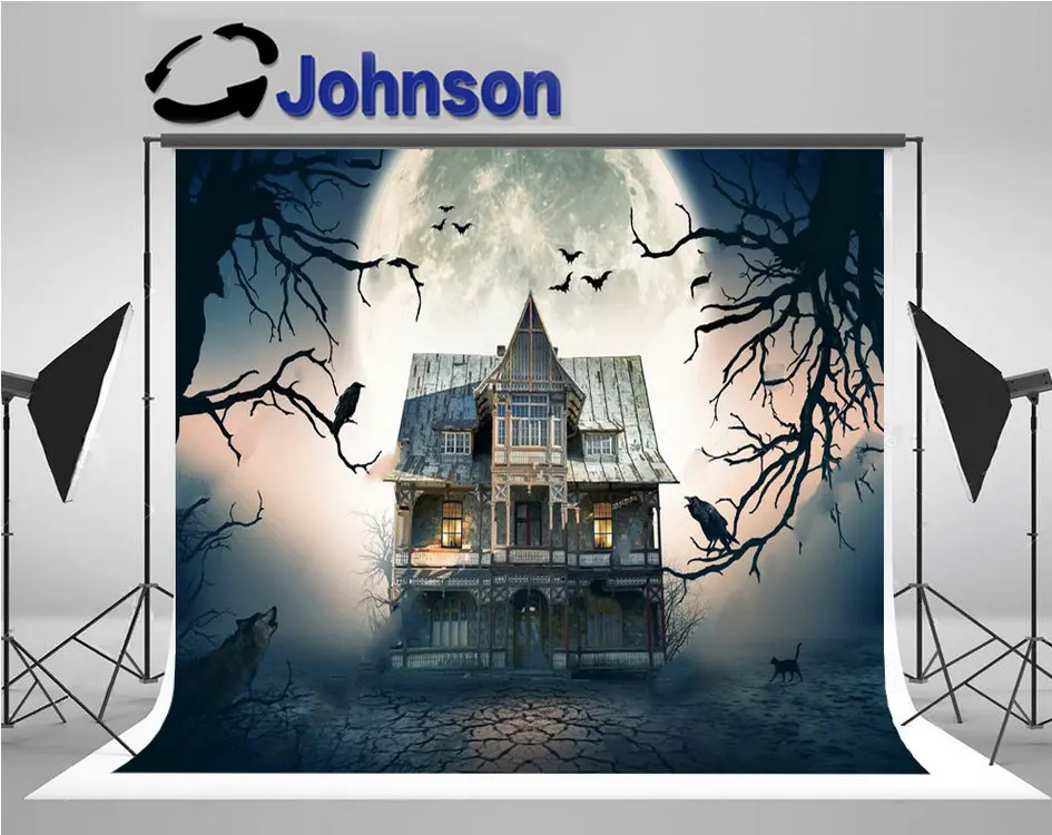 Haunted House Full Moon tree wolf photography backgrounds High quality Computer print Halloween photo backdrop | Электроника
