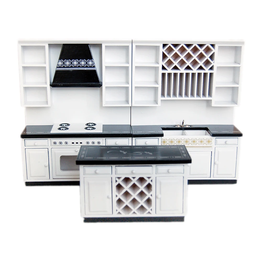 Casa de Bonecas em Miniatura Armários de Cozinha Conjunto Madeira Móveis Bacia Fogão Contador Wd025 1:12