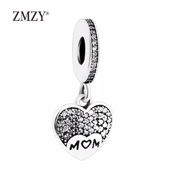 

ZMZY Original 925 Sterling Silver Charms Jewelry Crystal Heart Mom Dangle Beads fit Bracelet for Women Gift