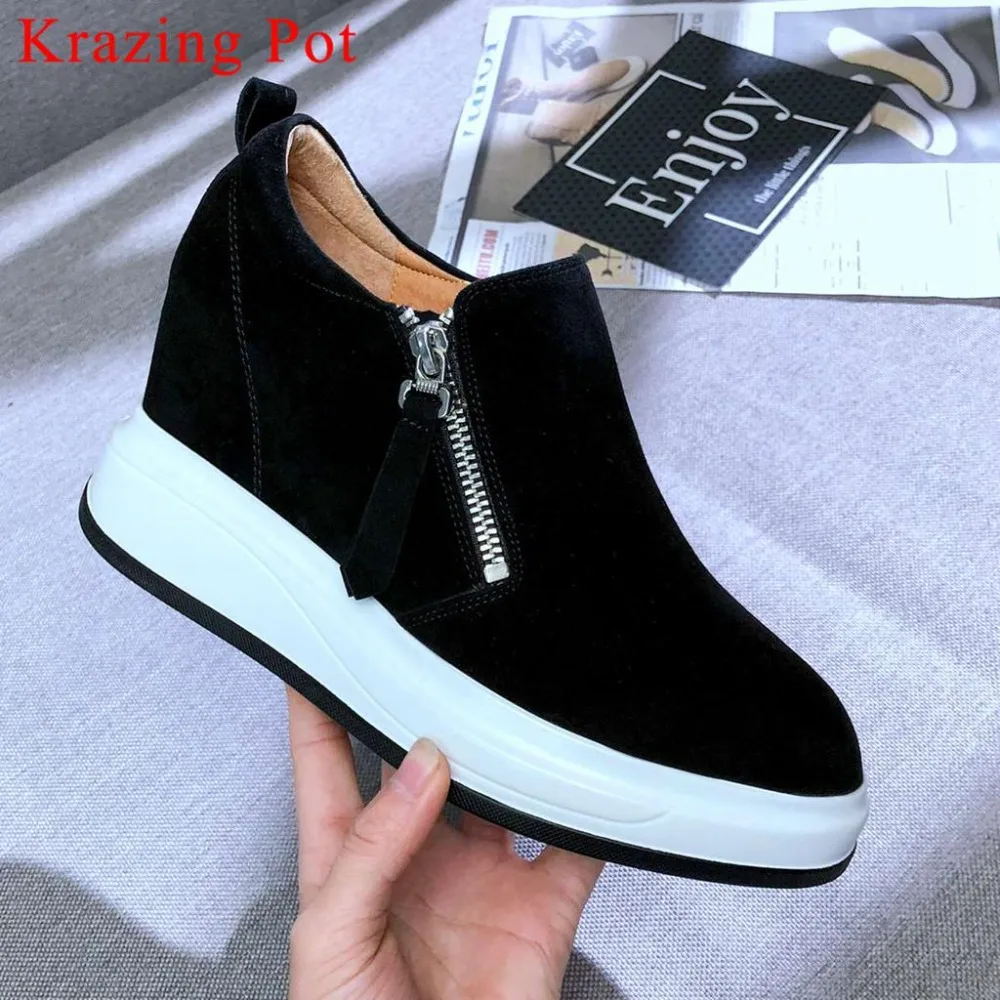 

Krazing Pot comfort genuine leather high heels metal zipper platform round toe high heels increase woman vulcanized shoes L18