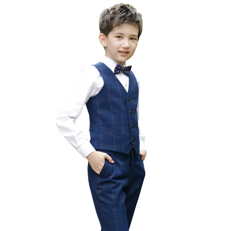 Новые торжественные костюмы для мальчиков Детская жилетка и штаны, рубашка с бабочкой, 4 предмета, костюм для свадебной вечеринки для выступлений Детский Костюм Принца для сцены - Цвет: plaid 4pcs