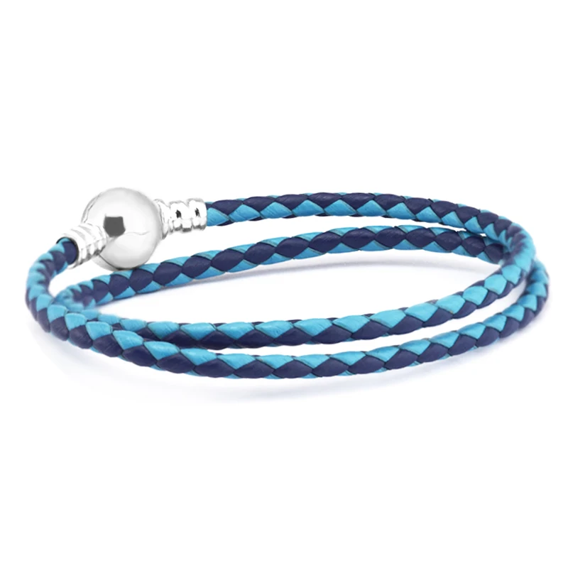 

Pandulaso Mix Color Blue Woman Round Clasp Leather Bracelet Fits sterling silver Charms & Beads For Woman DIY Jewelry Making
