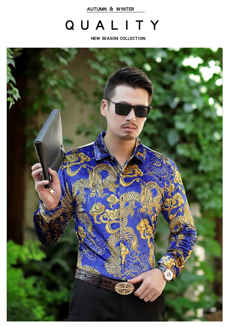 2019 Новая мода бархат Slim Fit мужские рубашки Повседневное с длинным рукавом Дракон узор рубашки M-4XL