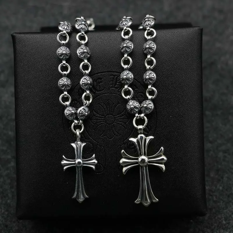 

S925 Sterling Silver Cross Pendant Male And Female Long Section Punk Sweater Chain Retro Thai Silver Personalized Beads Necklace