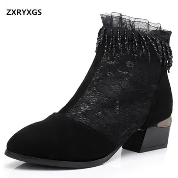 

2019 New Spring Lace Tassel Women Boots Fashion Shoes Cowhide Mesh Breathable Cool Boots Summer Sandals Thick Heel Ankle Boots