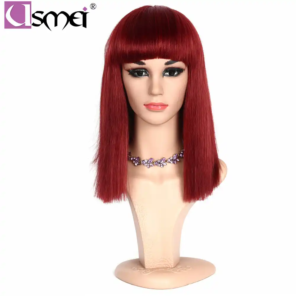Usmei Synthetic Short Wigs White Women Wigs Silk Straight Fiber Hair With Fringe Bangs And Rose Net Dark Red Blue Cosplay Wig