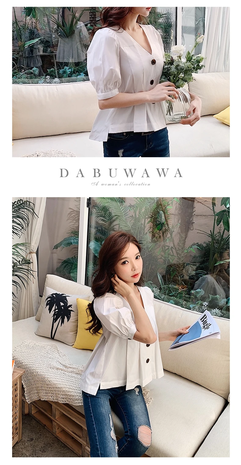 Dabuwawa новые хлопковые топы блузки женские летние однобортные свободные пышные рукава с v-образным вырезом шифоновые рубашки DN1BST025