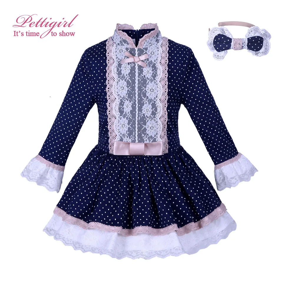 

Pettigirl Boutique Navy Dot Girl Dresses Girls Princess Dresses Lace Cuff With Headwear Children Clothes For Kid G-DMGD007-A145