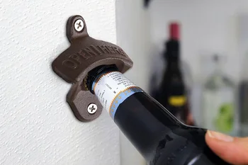

300pcs Rustic Cast Iron Open Here Bottle Opener Vintage Style Wall Mount Man Cave Antique Beer Opener Hanging Wall Hook Beer