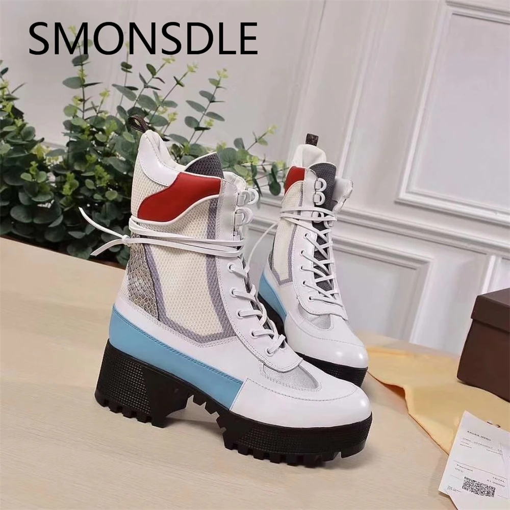 

2018 Hot Autumn Winter Shoes Woman Real Leather Lace Up Square Heels Platform Women Boots Designer Woman Mixed Color Ankle Boots