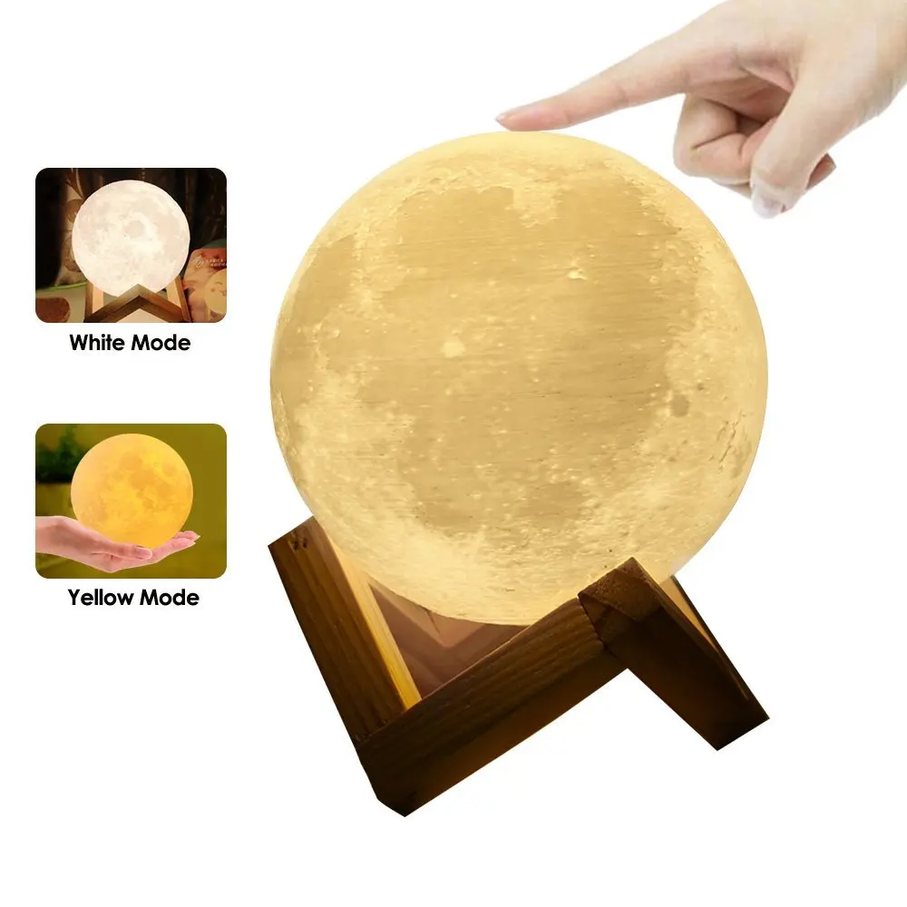 

3D Print Moon Lamp LED Lights USB Rechargeable Touch Switch Changeable Color Night Light with Wooden Stand For Decorative Home