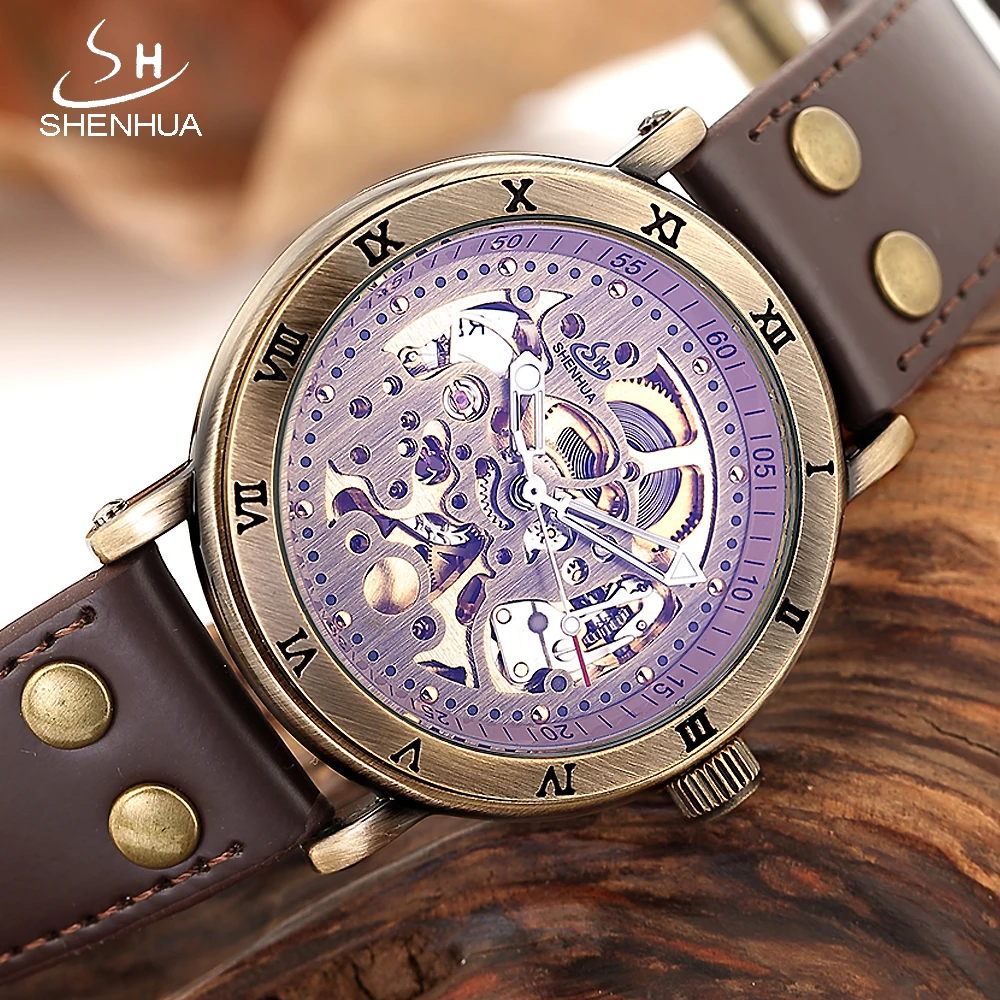 

SHENHUA reloj mecanico Skeleton Watch Men Bronze Mechanical Automatic Transparent Watches Male Luminous Hands WristWatch