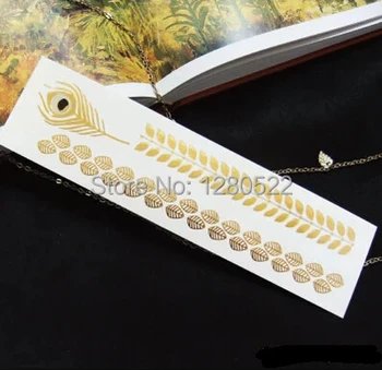 

6 sheets 21.6x5.5cm Temporary Flash Tattoo Gold Leaf Arm Chain Metallic Tattoos tatuagem tatuaje for Women Beauty Body Art