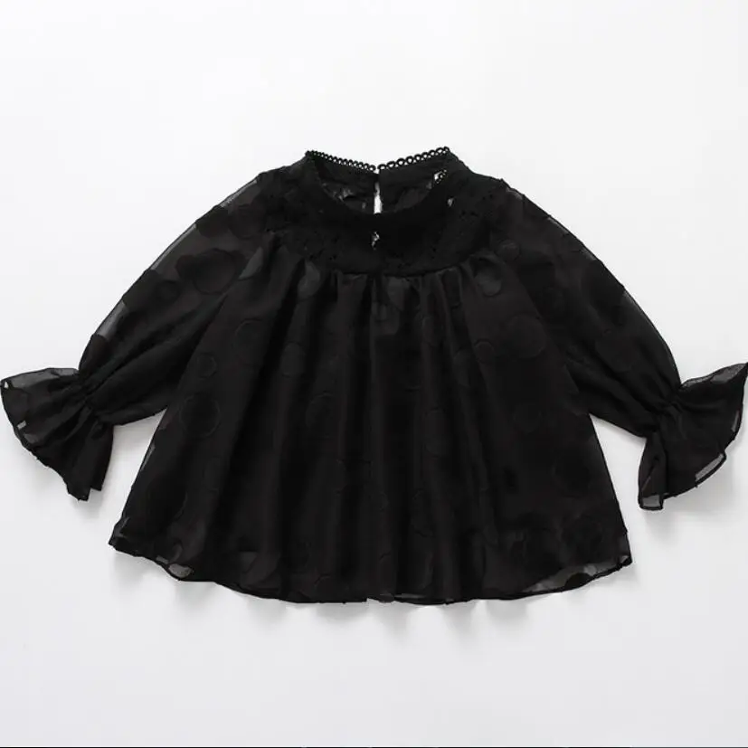 Г. Осенняя шифоновая кружевная блузка в горошек для маленьких девочек-подростков черно-белая одежда детская рубашка с длинными рукавами для девочек топы для детей JW4252