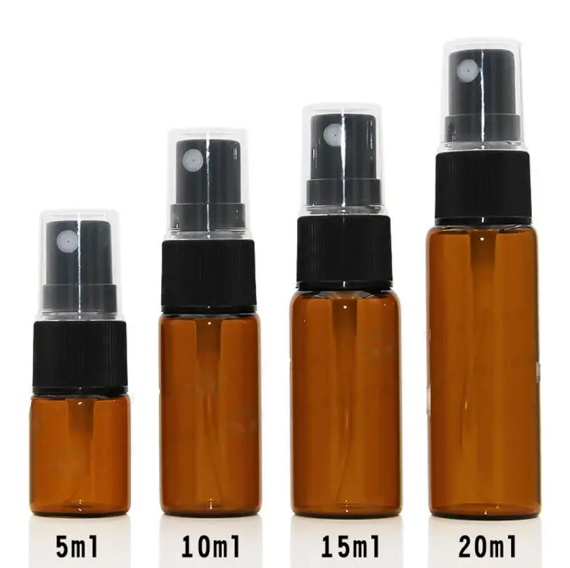 500pcs/lot 5/10/15/20 ml Empty Amber Glass Spray Bottle With Black Fine Mist Sprayer Wholesale