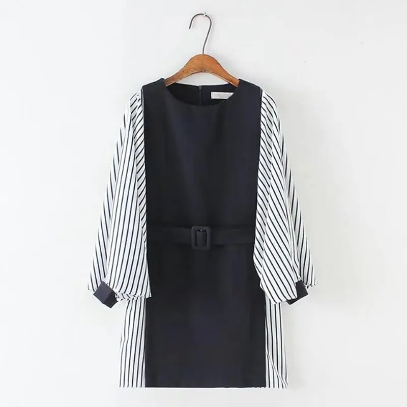 

S46 Spring Casual Mini Dresses 5XL Plus Size Women Clothing Fashion Long Sleeve stripe Splice One-piece dress 0385