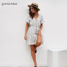 Yinlinhe белое летнее платье в горошек с коротким рукавом синее свободное платье на пуговице женское Элегантное повседневное платье с поясом 898