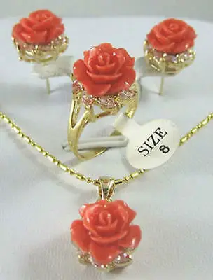 

Free Shipping >> new hot beautiful gold plate rose coral flower Pendant Earring Ring set