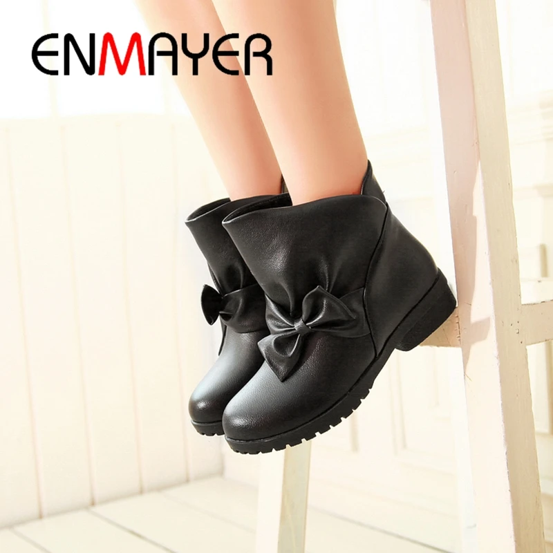 

ENMAYER New Arrival 2019 Winter Boots Ankle PU Slip-On Basic Shoes Woman Butterfly-knot Solid Women Shoes Size 34-43 LY2578