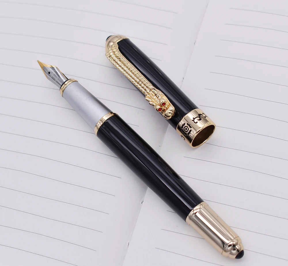 Jinhao Luxurious Fountain Pen Classic Style Dragon Clip, Medium Nib Black Writing Signature Pen Business Office Supplies fuliwen business carbon fiber silver grid fountain pen 0 7mm medium nib professional stationery supplies writing tool gift