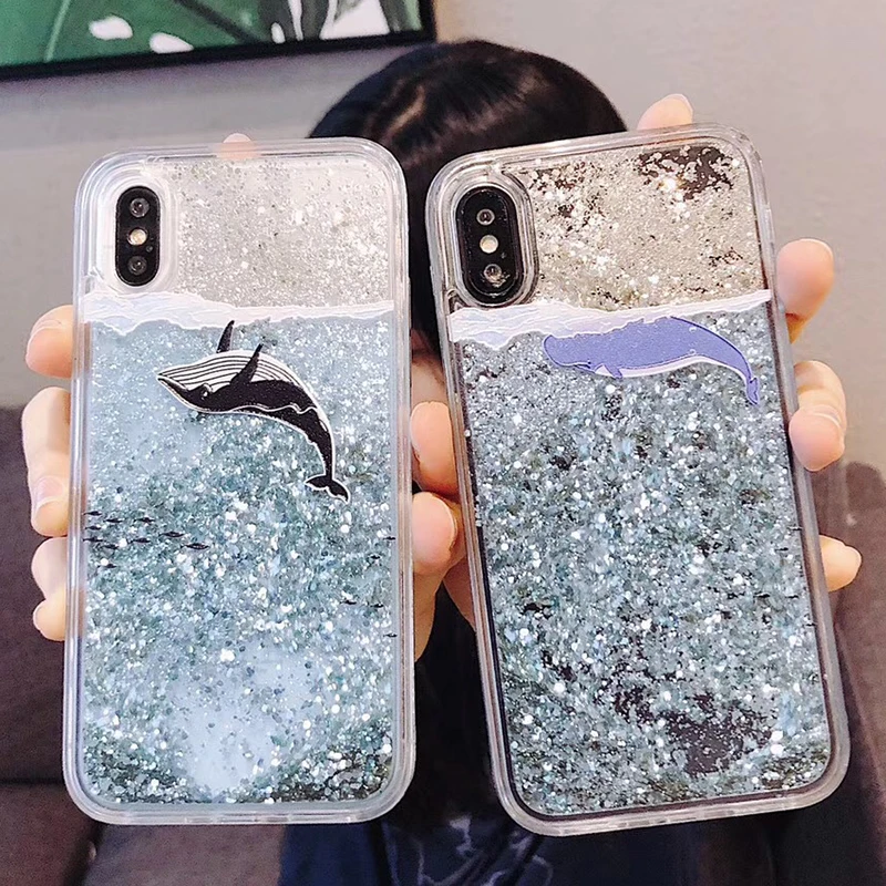 

Dynamic Liquid Quicksand Phone Case For Iphone XS Max XR 6 6S 7 8 Plus Cartoon Dolphin Whale Fish Cover Cases For iphone XS Max