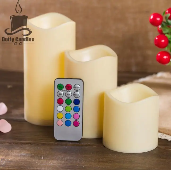 

free shipping Home Decor 3Pcs/set Cylindrical Colorful Remote Control Timed Flameless LED Candle Light Unique