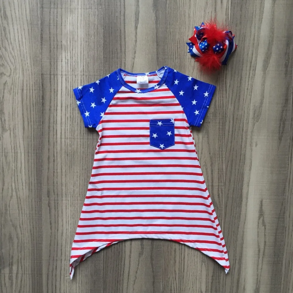 

new arrivals red royal striped star July 4th dress Summer girl kids wear milk silk dress children boutique clothing match bow