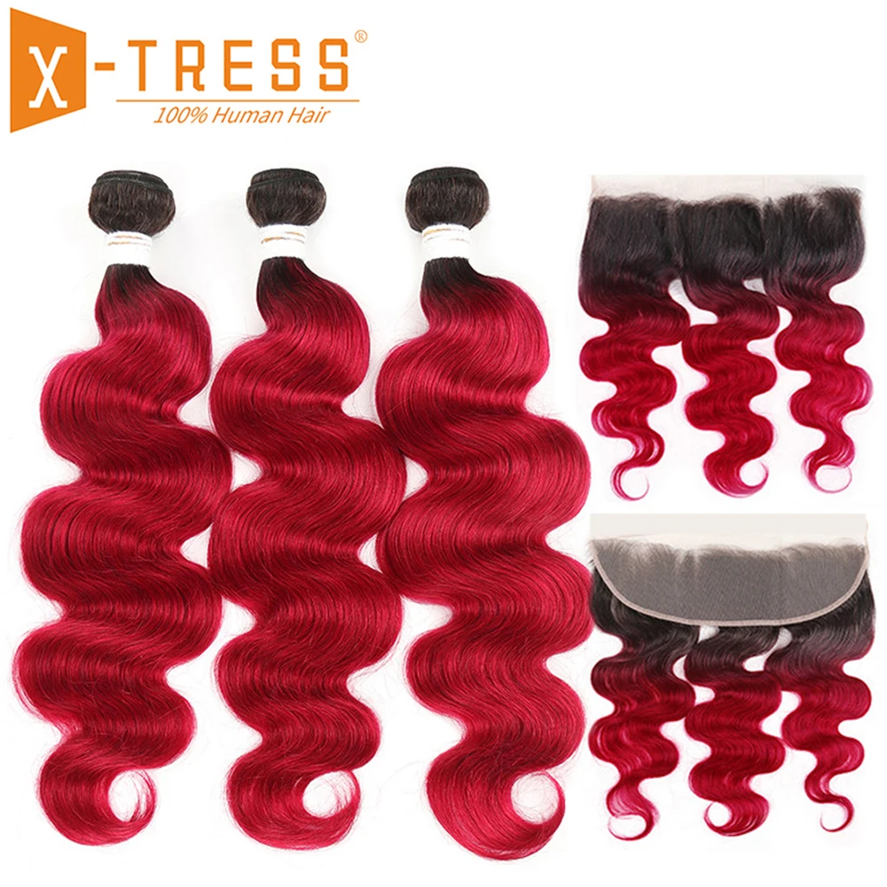 

Ombre Burgundy Red Color Human Hair Weaves With Lace Frontal X-TRESS Brazilian Body Wave Non Remy Hair Weft Bundles With Closure