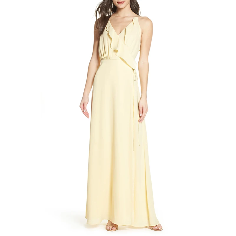 

Light Yellow Bridesmaid Dresses Long Maid of Honor V-neck Flowying Summer Chiffon Dress Elegant Wedding Party Guest Women Dress