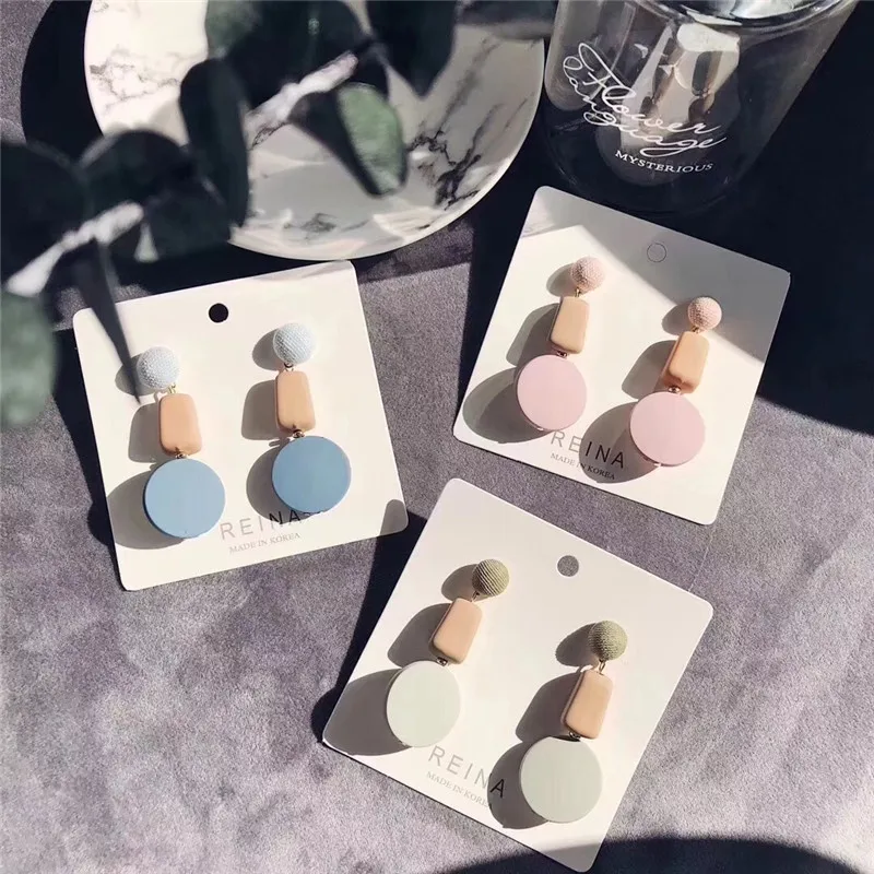 

Sweet Irregular Geometric Round Square Drop Earrings Korean Candy Color Button Dangle Ear Jewelry Party Girl Gift Accessories