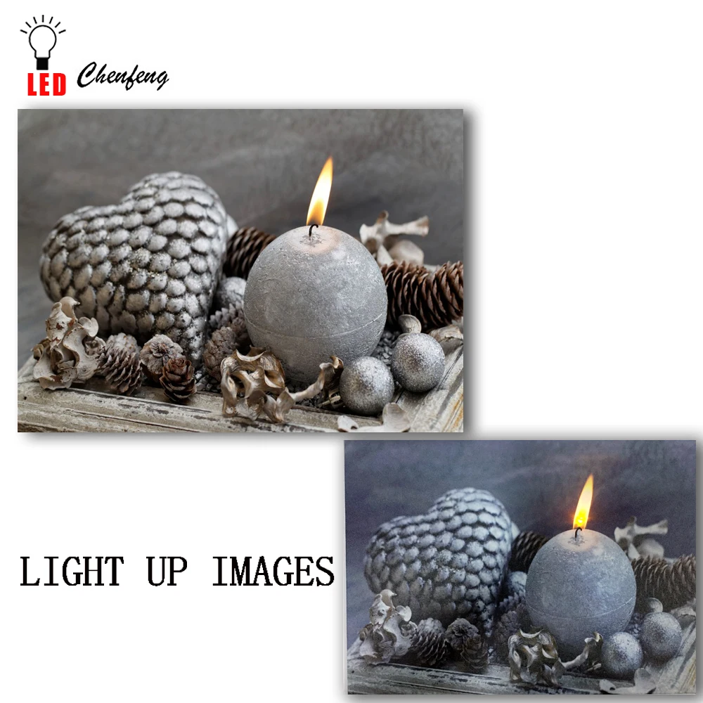 

Led canvas printing wall decorative Christmas Candles Pine cone Pictures light up oil painting new year holiday gifts