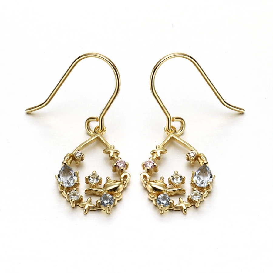 

Aquamarine Birthstones Earrings 14K Gold Earring Cubic Zirconia Charms Birds on Branch Ear Jewelry for Women Girls