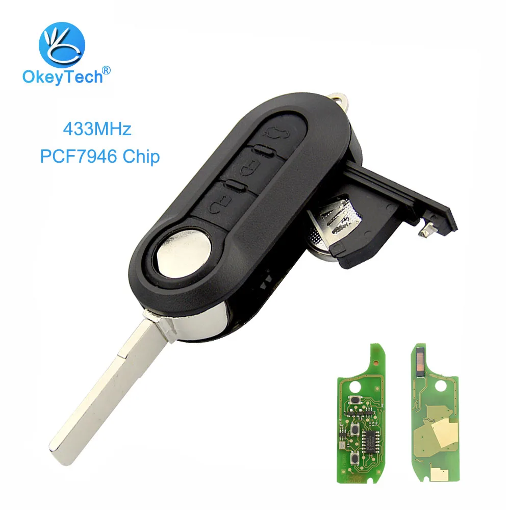 OkeyTech для Fiat дистанционный ключ 3 кнопки флип складной Автомобильный ключ 433 МГц PCF7946 чип Uncut SIP22 лезвие для Fiat 500 Grande Punto Bravo