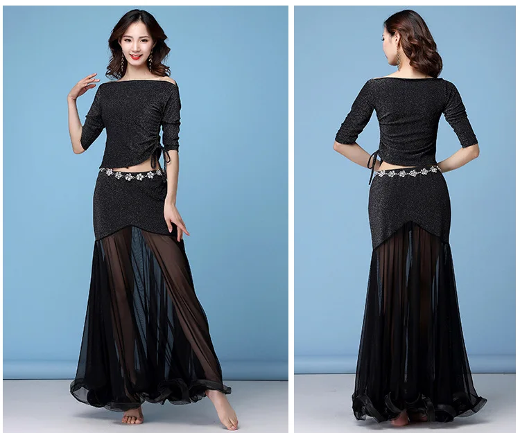 New Fashion Women Belly Dance Clothing Stretchy Shinny Fabric Off Shoulder Ruffles Maxi Long Skirts Bellydance Costume Set 2pcs