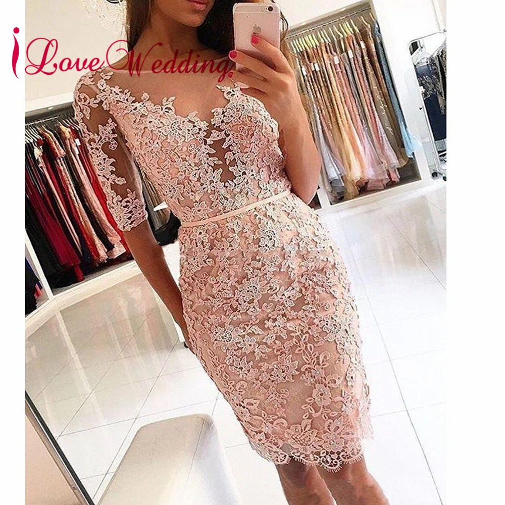 Vestidos de Cóctel de media manga, Apliques de encaje con cuentas, corto hecho a de fiesta elegantes|Vestidos de - AliExpress