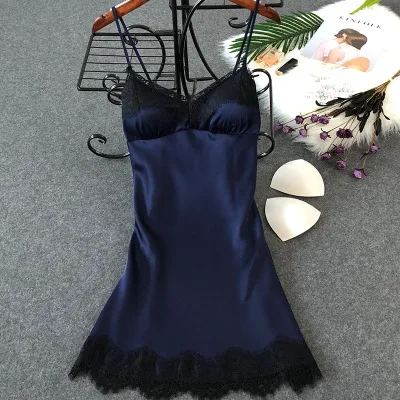 Herislim женское сексуальное белье, шелковая ночная рубашка, летнее платье, кружевное Ночное платье, ночная рубашка, ночная сорочка, атласная Домашняя одежда, нагрудные накладки - Цвет: lace navy blue