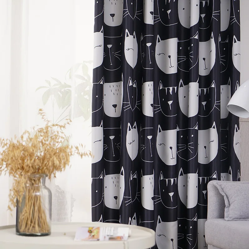 

Simple Modern Cartoon Children's Room Black Cat Print Curtains for Living Dining Room Bedroom.